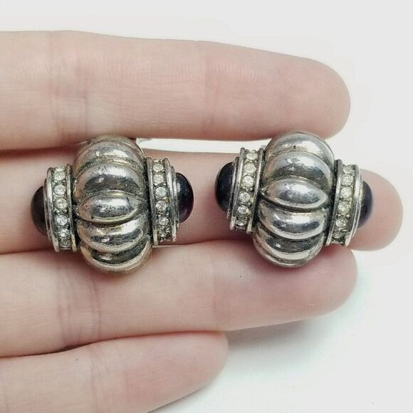 Vintage Silver Tone Fluted Clip On Earrings with Side Dark Red Cabochons, Signed - Picture 8 of 9